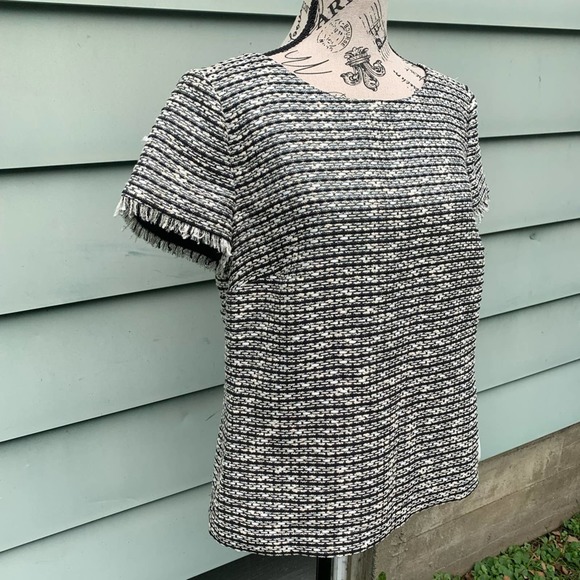 Talbots Tweed short sleeve blouse with fringe sleeves and a zipper in the back - Picture 8 of 9